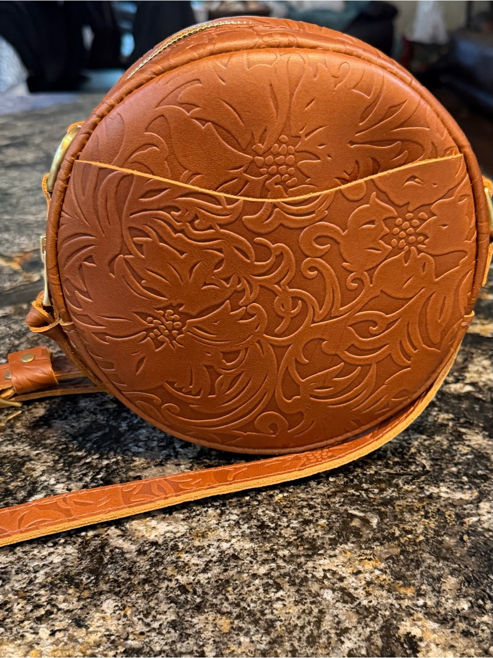Portland Leather Embossed Round Crossbody Bag in Cognac Brown - Picture 3 of 4
